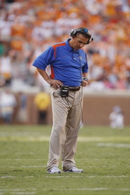 KNOXVILLE, TN - SEPTEMBER 20: Head coach Urban Meyer of the Florida Gators looks on against the Tennessee Volunteers at Neyland Stadium on September 20, 2008 in Knoxville, Tennessee.  (Photo by Streeter Lecka/Getty Images)