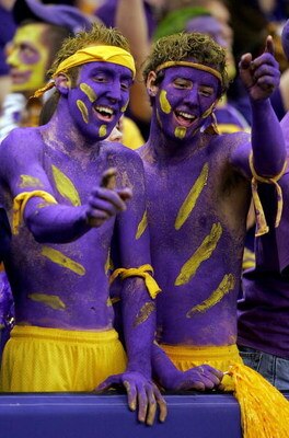 NEW ORLEANS - JANUARY 03:  LSU fan's Blake Brignac (L) and James Carroll (R) cheer for their team prior to the start between Notre Dame and LSU in the 2007 Allstate Sugar Bowl on January 3, 2007 at the Superdome in New Orleans, Louisiana.  (Photo by Matth