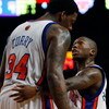 NEW YORK - MARCH 07:  Eddy Curry #34 of the New York Knicks talks to teammate Nate Robinson #4 against the Detroit Pistons on March 7, 2008 at Madison Square Garden in New York City. NOTE TO USER: User expressly acknowledges and agrees that, by downloadin