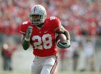 COLUMBUS, OH - NOVEMBER 03: Chris Wells #28 of the Ohio State Buckeyes carries the ball during the game against the Wisconsin Badgers on November 3, 2007 at Ohio Stadium in Columbus, Ohio. Ohio State defeated Wisconsin 38-17. (Photo by Jonathan Daniel/Get
