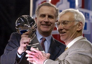 NFL Commissioner Paul Tagliabue and Pittsburgh Steelers owner Dan Rooney with the Lombardi Trophy after Super Bowl XL between the Pittsburgh Steelers and Seattle Seahawks at Ford Field in Detroit, Michigan on February 5, 2006.  (Photo by Al Messerschmidt/
