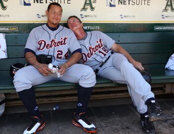 OAKLAND, CA - JULY 01:  Miguel Cabrera #24 and Andy Van Slyke #18 of the Detroit Tigers look on during action against the Oakland Athletics during a Major League Baseball game on July 1, 2009 at the Oakland Coliseum in Oakland, California.  (Photo by Jed 