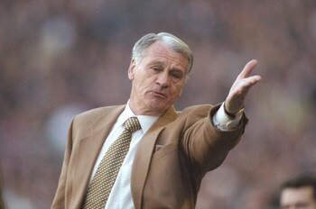 Feb 1997:  Bobby Robson from Great Britain showing the strain of being  manager of Barcelona. \ Mandatory Credit: Ben Radford /Allsport