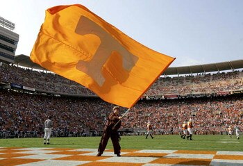 KNOXVILLE, TN - OCTOBER 01: The Volunteer mascot waves the flag in the edzone after a Tennessee touchdown as the Tennessee Volunteers defeated  the Mississippi Rebels 27-10 at Neyland Stadium on October 1, 2005 in Knoxville, Tennessee.  (Photo by Doug Pen