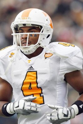 NASHVILLE, TN - NOVEMBER 22:  Gerald Jones #4 of the Tennessee Volunteers jogs on the field during the game against the Vanderbilt Commodores at Vanderbilt Stadium on November 22, 2008 in Nashville, North Carolina.  (Photo by Kevin C. Cox/Getty Images)