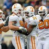 NASHVILLE, TN - NOVEMBER 22:  Nick Reveiz #56, Wes Brown #94, Eric Berry #14 and Nevin McKenzie #20 of the Tennessee Volunteers react after a defensive stop against the Vanderbilt Commodores during the game at Vanderbilt Stadium on November 22, 2008 in Na