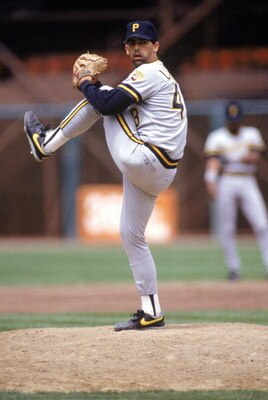 SAN FRANCISCO - 1990:  Bill Landrum #43 of the Pittsburgh Pirates winds up for a pitch during a 1990 MLB season game against the San Francisco Giants at Candlestick Park in San Francisco, California.  (Photo by Otto Greule Jr/Getty Images)