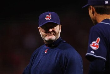 BOSTON - OCTOBER 20:  Manager Eric Wedge of the Cleveland Indians argues a ball he thought was a home run but was foul during the first inning against the Boston Red Sox in Game Six of the American League Championship Series at Fenway Park on October 20, 