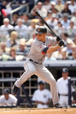 NEW YORK - APRIL 17:  Grady Sizemore #24 of the Cleveland Indians bats against the New York Yankees at Yankee Stadium on April 17, 2009 in the Bronx borough of New York City.  (Photo by Ezra Shaw/Getty Images)