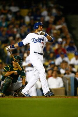 LOS ANGELES, CA - JUNE 16:  James Loney #7 of the Los Angeles Dodgers bats against the Oakland Athletics at Dodger Stadium on June 16, 2009 in Los Angeles, California. The Dodgers defeated the Athletics 5-4 in ten innings.  (Photo by Jeff Gross/Getty Imag