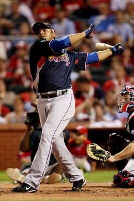 ST LOUIS, MO - JULY 13:  American League All-Star Nelson Cruz of the Texas Rangers competes in the State Farm Home Run Derby at Busch Stadium on July 13, 2009 in St. Louis, Missouri.  (Photo by Jamie Squire/Getty Images)