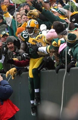 GREEN BAY, WI - NOVEMBER 30:  Donald Driver #80 of the Green Bay Packers performs a 'Lambeau Leap' as he celebrates with fans after scoring a 6-yard touchdown reception in the second quarter against the Carolina Panthers at Lambeau Field on November 30, 2