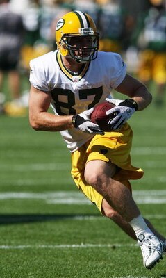 GREEN BAY, WI - JULY 28: Jordy Nelson #87 of the Green Bay Packers catches a pass during summer training camp on July 28, 2008 at the Hutson Center in Green Bay, Wisconsin. (Photo by Jonathan Daniel/Getty Images)