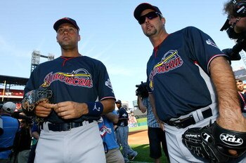 ST LOUIS, MO - JULY 13:  American League All-Stars Derek Jeter of the New York Yankees and Tim Wakefield of the Boston Red Soxs stand on the field during the Gatorade All-Star Workout Day at Busch Stadium on July 13, 2009 in St Louis, Missouri.  (Photo by