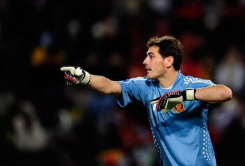 BLOEMFONTEIN, SOUTH AFRICA - JUNE 24:  Goalkeeper Iker Casillas of Spain signals during the FIFA Confederations Cup Semi Final match between Spain and USA at Free State Stadium on June 24, 2009 in Bloemfontein, South Africa.  (Photo by Jamie McDonald/Gett