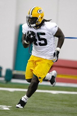 GREEN BAY, WI - MAY 1:  Running back Quinn Johnson #45 runs in practice drills during Green Bay Packers Minicamp at Don Hutson Center on May 1, 2009 in Green Bay, Wisconsin. (Photo by Scott Boehm/Getty Images)