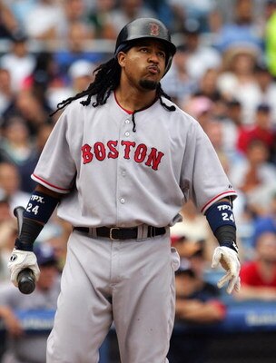 NEW YORK - JULY 05:  Manny Ramirez #24 of the Boston Red Sox reacts during the game against the New York Yankees on July 5, 2008 at Yankee Stadium in the Bronx borough of New York City.  (Photo by Jim McIsaac/Getty Images)