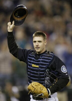 SEATTLE - SEPTEMBER 30:  Catcher Dan Wilson #6 of the Seattle Mariners acknowledges the crowd after coming out of the game against the Oakland Athletics in the second inning on September 30, 2005 at Safeco Field in Seattle, Washington. Wilson came back fr