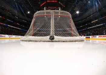 OTTAWA - FEBRUARY 26:  Ice level view behind the net with the NHL logo visible during the San Jose Sharks game against the Ottawa Senators on February 26, 2009 at the Scotiabank Place in Ottawa, Ontario, Canada. (Photo by Phillip MacCallum/Getty Images)