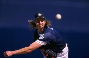26 Feb 1998: Randy Johnson #51 of the Seattle Mariners pitching during the spring training game between the Seattle Mariners and the San Diego Padres at the Peoria Stadium in Peoria, Arizona. The Seattle Mariners lost to the San Diego Padres 0-8.