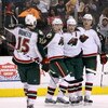 LOS ANGELES - MARCH 7:  (L to R) Andrew Brunette #15, Mikko Koivu #9, Owen Nolan #11, and Kurtis Foster #26 of the Minnesota Wild celebrate Nolan's first period goal against the Los Angeles Kings on March 7, 2009 at Staples Center in Los Angeles, Californ