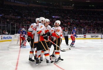 NEW YORK - DECEMBER 07:  Daymond Langkow #22 of the Calgary Flames celebrates his goal against the New York Rangers on December 7, 2008 at Madison Square Garden in New York City. The Flames defeated the Rangers 3-0.  (Photo by Jim McIsaac/Getty Images)