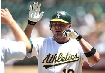 OAKLAND, CA - JULY 1: Jason Giambi #16 of the Oakland Athletics celebrates after hitting a home run in the sixth inning against the Detroit Tigers during a Major League Baseball game on July 1, 2009 at the Oakland Coliseum in Oakland, California. (Photo b