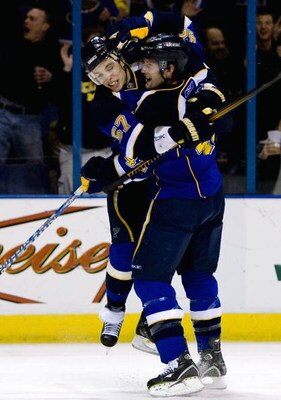 ST. LOUIS, MO - JANUARY 2: David Perron #57 and David Backes #42 both of the St. Louis Blues celebrate Backes' goal against the Edmonton Oilers on January 2, 2008 at the Scottrade Center in St. Louis, Missouri. The Oilers beat the Blues 3-2.  (Photo by Di