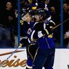ST. LOUIS, MO - JANUARY 2: David Perron #57 and David Backes #42 both of the St. Louis Blues celebrate Backes' goal against the Edmonton Oilers on January 2, 2008 at the Scottrade Center in St. Louis, Missouri. The Oilers beat the Blues 3-2.  (Photo by Di
