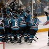 SAN JOSE, CA - APRIL 25:  The San Jose Sharks celebrate after scoring the game winning goal in overtime against the Anaheim Ducks during Game Five of the Western Conference Quarterfinal Round of the 2009 NHL Stanley Cup Playoffs at HP Pavilion on April 25