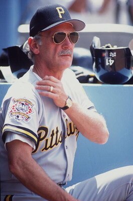 29 MAY 1994:  JIM LEYLAND, MANAGER OF THE PITTSBURGH PIRATES, GIVES A SIGN FROM THE DUGOUT DURING HIS TEAM''S GAME AGAINST THE DODGERS AT DODGER STADIUM IN LOS ANGELES, CALIFORNIA. Mandatory Credit: J.D. Cuban/ALLSPORT