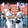 2 May 1996:  Manager Art Howe and catcher Terry Steinbach of the Oakland Athletics confer on the pitchers mound during a game against the Anaheim Angels at the Oakland Alameda Coliseum in Oakland, California.  The Angels won the game 3-1. Mandatory Credit