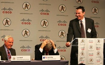 FREMONT, CA - NOVEMBER 14: Oakland Athletics general manager Billy Beane (R) speaks at a press conference with Lew Wolff (L) owner and managing partner of the Oakland Athletics and Major League Baseball Commisioner Bud Selig announcing the building of a n