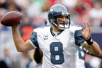 EAST RUTHERFORD, NJ - OCTOBER 05:  Quarterback Matt Hasselbeck #8 of the Seattle Seahawks passes in the first half against the New York Giants at Giants Stadium on October 5, 2008 in East Rutherford, New Jersey. The Giants won 44-6.  (Photo by Jarrett Bak
