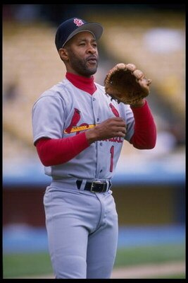 14 May 1995:  Shortstop Ozzie Smith of the St. Louis Cardinals waits in the infield for any sailing balls hit by the Los Angeles Dodgers at Dodgers Stadium in Los Angeles, California.  The Cardinals defeated the Dodgers 6-5.  Mandatory Credit:  Steve Dunn
