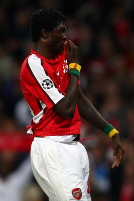 LONDON - SEPTEMBER 30:  Emmanuel Adebayor of Arsenal celebrates after he scored a penalty during the UEFA Champions League Group G match between Arsenal and FC Porto at the Emirates Stadium on September 30, 2008 in London, England.  (Photo by Mike Hewitt/