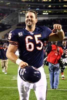 CHICAGO - SEPTEMBER 28:  Patrick Mannelly #65 of  the Chicago Bears runs off the field as he celebrates the Bears' 24-20 win against the Philadelphia Eagles at Soldier Field on September 28, 2008 in Chicago, Illinois.  (Photo by Jeff Gross/Getty Images)