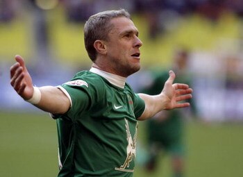MOSCOW, RUSSIA - SEPTEMBER 21: Serhiy Rebrov of FC Rubin Kazan celebrates after scoring a goal during the Russian Football League Championship match between FC Spartak Moscow and FC Rubin Kazan at the Luzhniki Stadium on September 21, 2008 in Moscow, Russ
