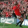12 MAR 1995:  LEE SHARPE OF MANCHESTER UNITED CELEBRATES BY MAKING A SONG AND DANCE AFTER SCORING UNITEDS FIRST GOAL AGAINST QUEENS PARK RANGERS IN THE SIXTH ROUND OF THE FA CUP AT OLD TRAFFORD, MANCHESTER. Mandatory Credit: Shaun Botterill/ALLSPORT