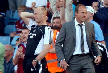 BIRMINGHAM, ENGLAND - MAY 24:  Newcastle United manager Alan Shearer (R) and his assistant manager Iain Dowie react during the Barclays Premier League match between Aston Villa and Newcastle United at Villa Park on May 24, 2009 in Birmingham, England. New
