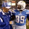SAN DIEGO - JANUARY 03:  Chris Chambers #89 of the San Diego Chargers talks with Indianapolis Colts head coach Tony Dungy after the Chargers defeated the Colts 23-17 in overtime in the AFC Wild Card Game on January 3, 2009 at Qualcomm Stadium in San Diego