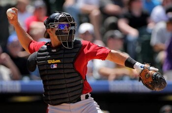 DENVER - MAY 14:  Catcher Ivan Rodriguez #12 of the Houston Astros warms up behind the plate against the Colorado Rockies during MLB action at Coors Field on May 14, 2009 in Denver, Colorado. The Astros defeated the Rockies -3.  (Photo by Doug Pensinger/G