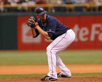 ST. PETERSBURG, FL - MAY 3: Pitcher James Shields #33 of the Tampa Bay Rays checks a runner at first base against the Boston Red Sox May 3, 2009 at Tropicana Field in St. Petersburg, Florida. (Photo by Al Messerschmidt/Getty Images)