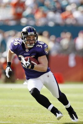 MIAMI - JANUARY 4:  Jim Leonhard #36 of the Baltimore Ravens returns an interception during a AFC Wild Card playoff game against the Miami Dolphins on January 4, 2009 at Dolphin Stadium in Miami, Florida. (Photo by Gregory Shamus/Getty Images)