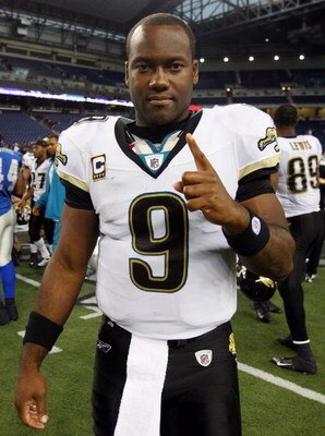 DETROIT - NOVEMBER 09:  David Garrard #9 of the Jacksonville Jaguars celebrates after defeating the Detroit Lions on November 9, 2008 at Ford Field in Detroit, Michigan. Jacksonville defeated Detroit 38-14.  (Photo by Jim McIsaac/Getty Images)