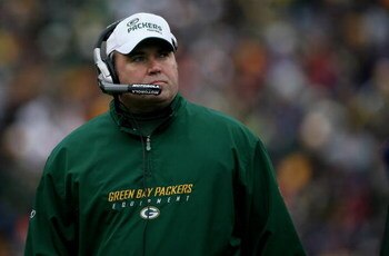 GREEN BAY, WI - NOVEMBER 16:  Head coach Mike McCarthy of the Green Bay Packers leads his team against the Chicago Bears during NFL action at Lambeau Field on November 16, 2008 in Green Bay, Wisconsin. The Packers defeated the Bears 37-3.  (Photo by Doug 