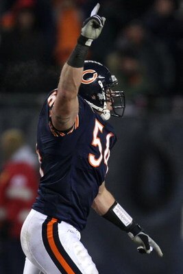 CHICAGO - DECEMBER 11:  Brian Urlacher #54 of the Chicago Bears celebrates after the Bears defense stopped the New Orleans Saints on a fourth down play in the fourth quarter at Soldier Field on December 11, 2008 in Chicago, Illinois.  (Photo by Jonathan D