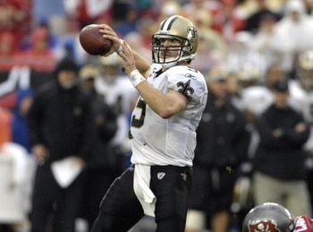 TAMPA, FL - NOVEMBER 30: Quarterback Drew Brees #9 of the New Orleans Saints sets to pass against the Tampa Bay Buccaneers at Raymond James Stadium on November 30, 2008 in Tampa, Florida.  (Photo by Al Messerschmidt/Getty Images) 