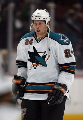 ANAHEIM, CA - MARCH 15:  Travis Moen #24 of the San Jose Sharks skates during warm-up prior to the NHL game against the Anaheim Ducks at Honda Center on March 15, 2009 in Anaheim, California. The Sharks shutout the Ducks 1-0.  (Photo by Victor Decolongon/