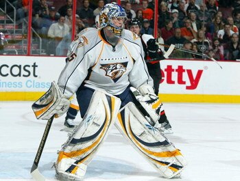 PHILADELPHIA - MARCH 07:  Pekka Rinne #35 of the Nashville Predators skates against the Philadelphia Flyers on March 7, 2009 at Wachovia Center in Philadelphia, Pennsylvania. The Flyers defeated the Predators 4-1.  (Photo by Jim McIsaac/Getty Images)